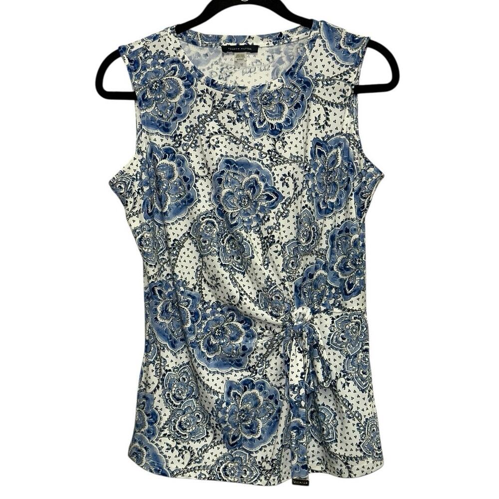 Tommy Hilfiger Blue Floral Sleeveless Blouse Side‎ Tie Waist Cottagecore Small